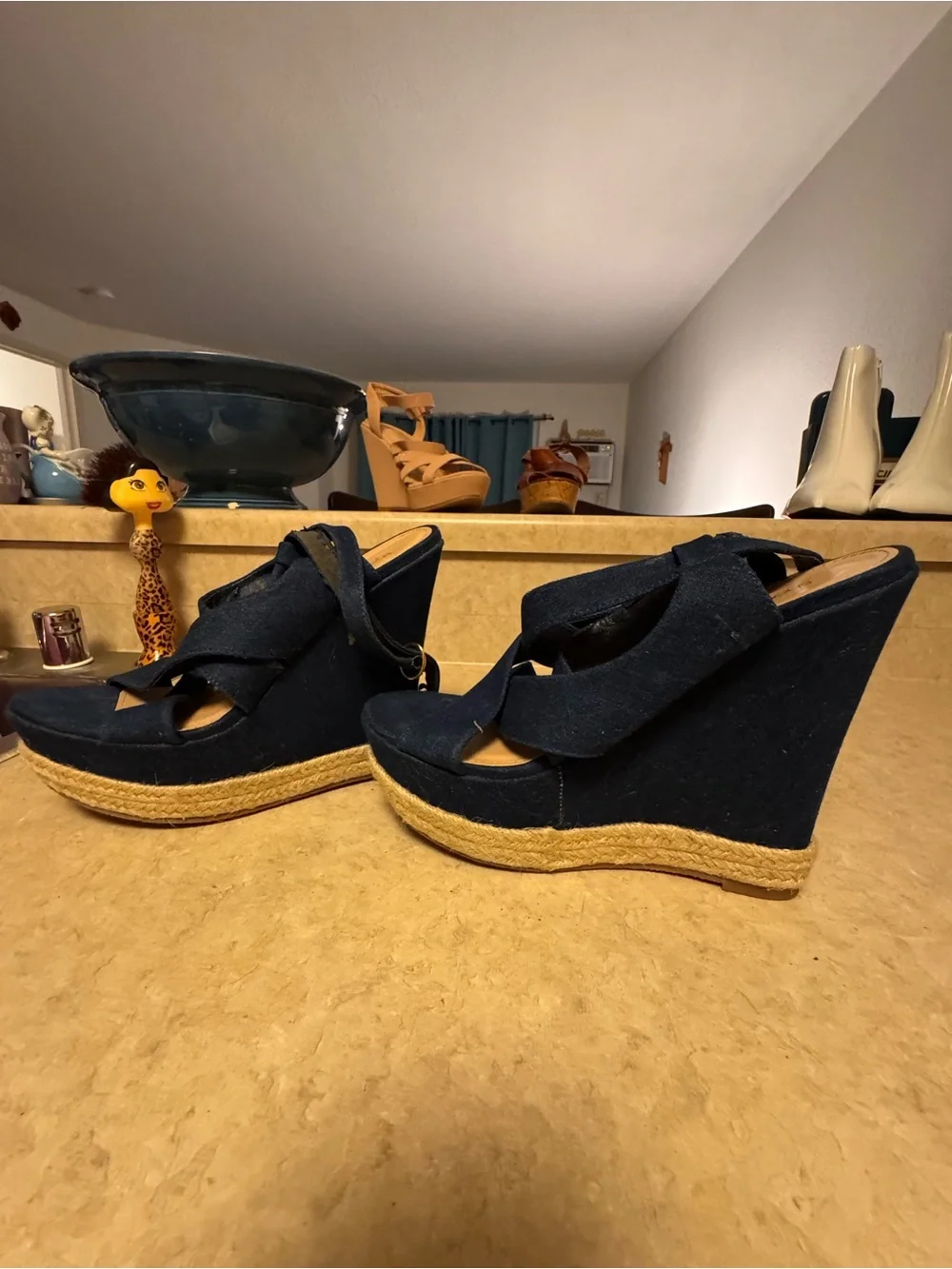 Women’s Navy Espadrille Wedge Sandals with Wrap Straps Size 10